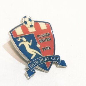 Placer United Fair Play Cup 2001 Soccer Lapel Hat Pin Metal Enamel 1" Red White